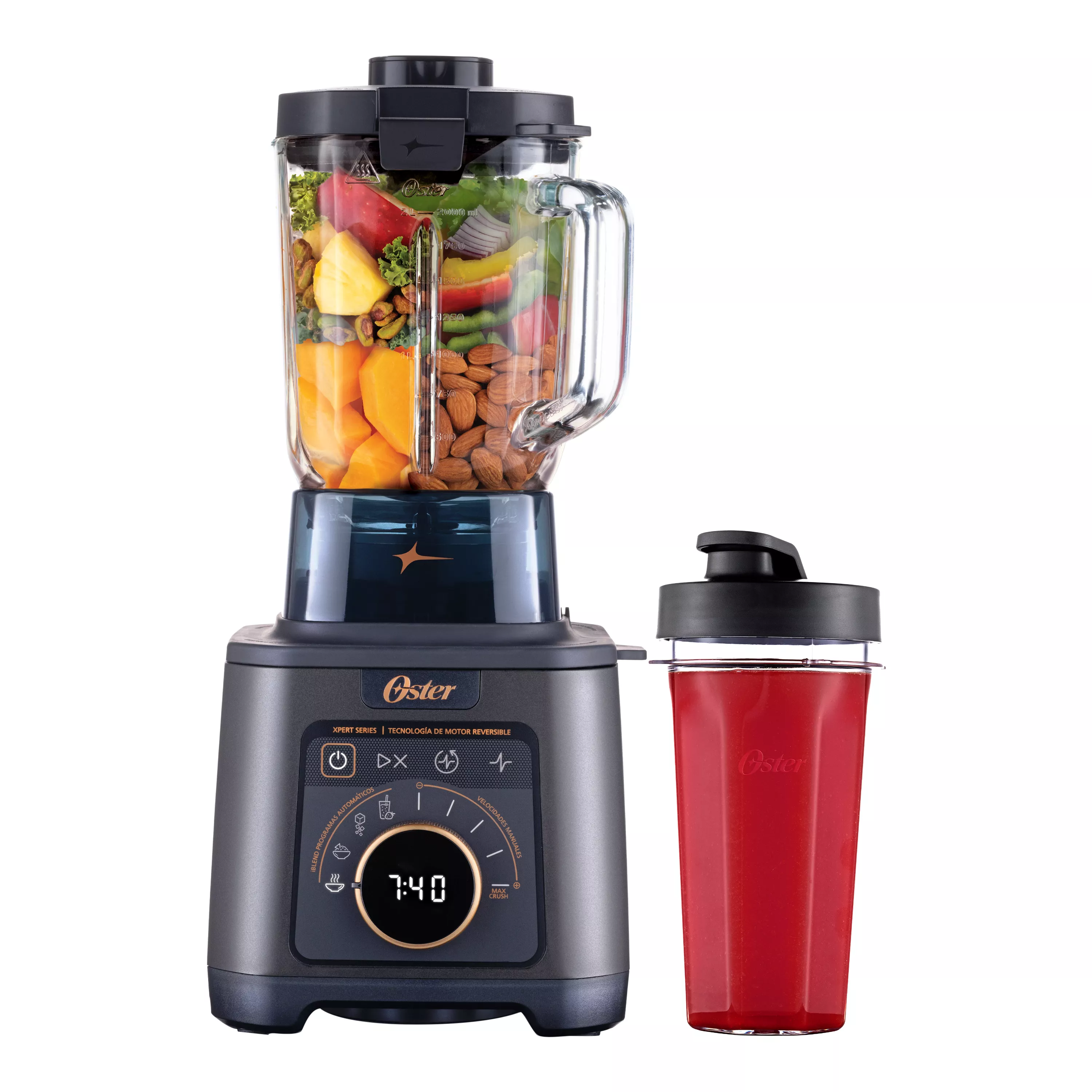 Oster® Licuadora Profesional Titan 2200 W con 4 Programas para Salsa, Recetas Calientes, Smoothie y Malteada, Vaso de Vidrio 2.5 L (máx. 2 L), Cuchilla de Acero Inoxidable, Vaso Portátil, BLSTXT-XG